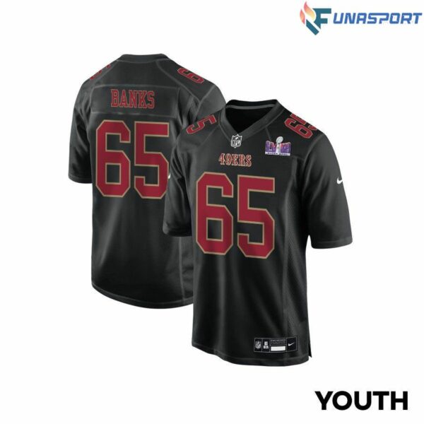 Aaron Banks 65 San Francisco 49ers Super Bowl LVIII Patch Fashion Game YOUTH Jersey – Carbon Black